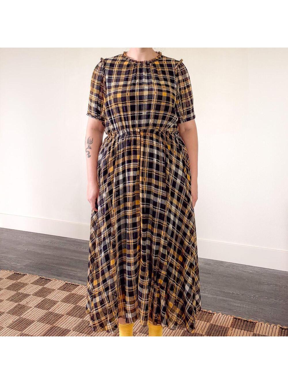 Plaid Midi Dress Ruffle Details Asymmetric Hem Black Yellow White M